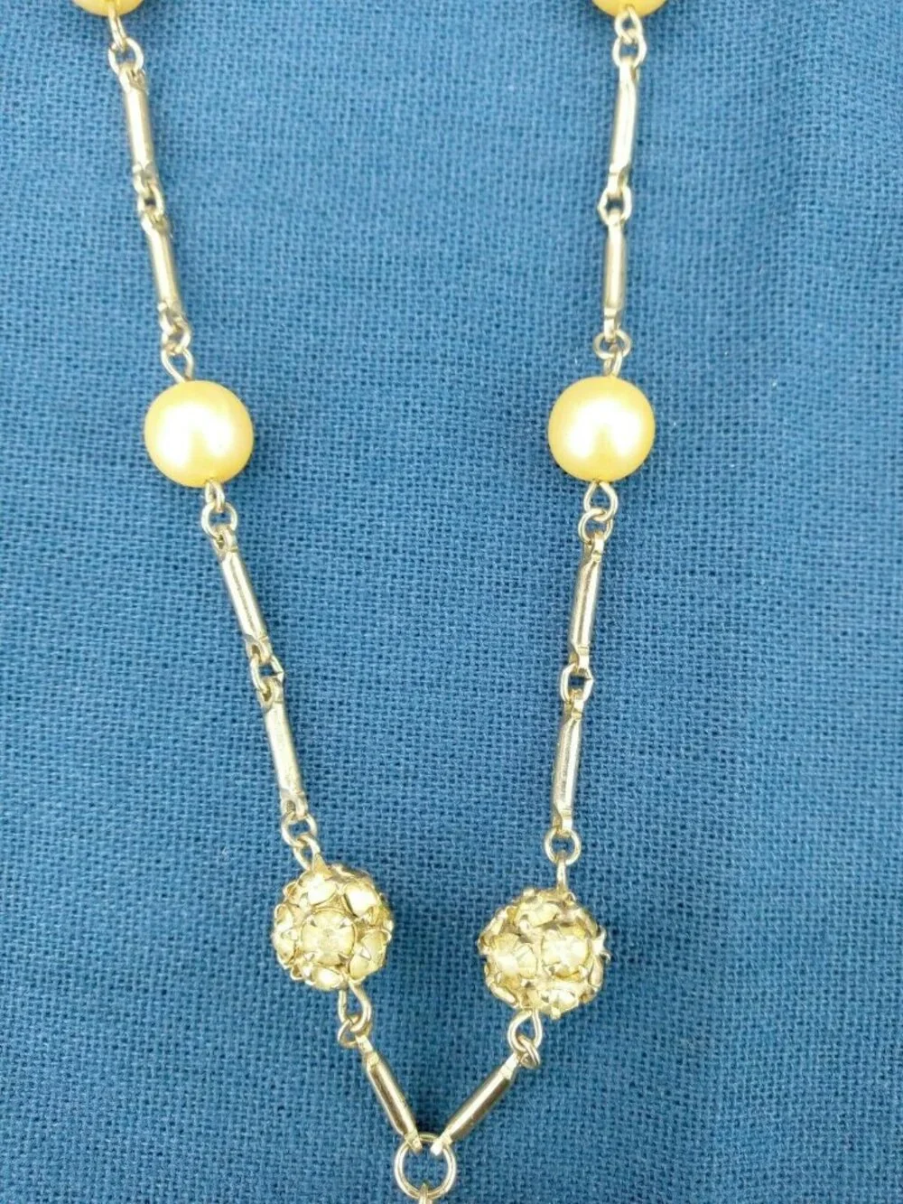 Vintage Rhinestone Ball Necklace Faux Pearls Y-Drop Globe Cluster Extender 17